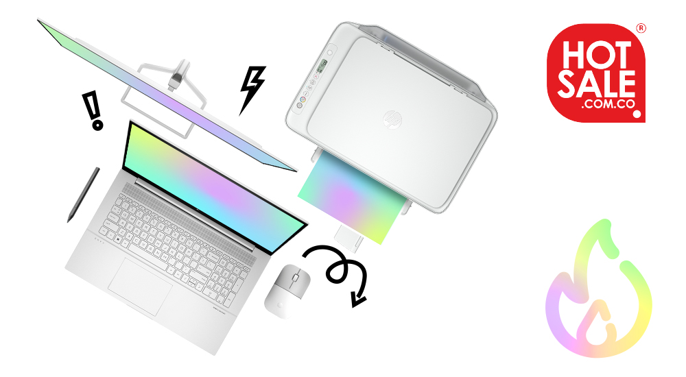 Hot Sale. Vista aérea de 3 Productos HP sobre un fondo color...