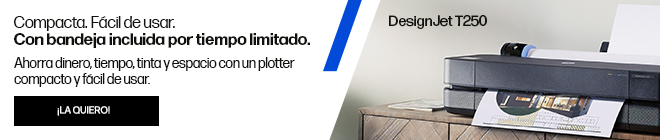 Compacta. F&aacute;cil de usar. Con bandeja incluida por tiempo limitado.  Ahorra dinero, tiempo, tinta y espacio con un plotter compacto y f&aacute;cil de usar. Im&aacute;gen del plotter HP DesignJet de la serie T250 imprimiendo un plano. Haz clic para comprar.