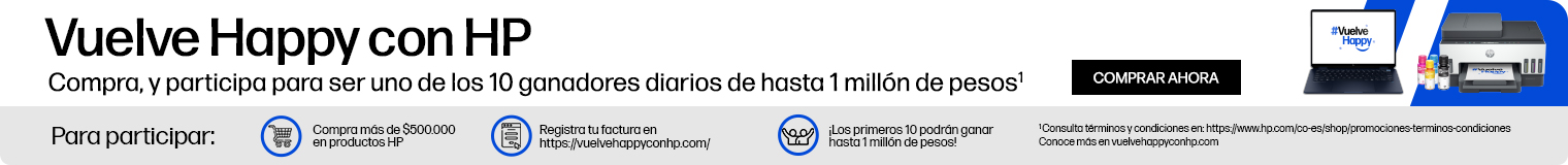 Vista frontal de port&aacute;til con mensaje en pantalla &ldquo;#VuelveHappy&rdquo; y una impresora HP Smart Tank con botellas de tinta. Vuelve Happy con HP. Compra, y participa para ser uno de los 10 ganadores diarios de hasta 1 mill&oacute;n de pesos* Para participar: Compra m&aacute;s de $500.000 en productos HP. Registra tu factura en https://vuelvehappyconhp.com/ Cada d&iacute;a, los primeros 10 en cumplir los requisitos ser&aacute;n seleccionados para ganar hasta 1 mill&oacute;n de pesos. * Consulta t&eacute;rminos y condiciones en: https://www.hp.com/co-es/shop/promociones-terminos-condiciones Conoce m&aacute;s en vuelvehappyconhp.com