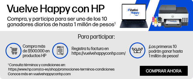 Vista frontal de port&aacute;til con mensaje en pantalla &ldquo;#VuelveHappy&rdquo; y una impresora HP Smart Tank con botellas de tinta. Vuelve Happy con HP. Compra, y participa para ser uno de los 10 ganadores diarios de hasta 1 mill&oacute;n de pesos* Para participar: Compra m&aacute;s de $500.000 en productos HP. Registra tu factura en https://vuelvehappyconhp.com/ Cada d&iacute;a, los primeros 10 en cumplir los requisitos ser&aacute;n seleccionados para ganar hasta 1 mill&oacute;n de pesos. * Consulta t&eacute;rminos y condiciones en: https://www.hp.com/co-es/shop/promociones-terminos-condiciones Conoce m&aacute;s en vuelvehappyconhp.com