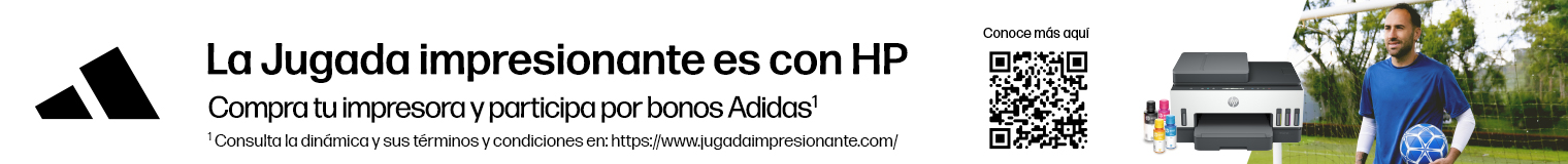 La Jugada impresionante es con HP. Compra tu impresora y participa por bonos Adidas*  * Consulta la din&aacute;mica y sus t&eacute;rminos y condiciones en: https://www.jugadaimpresionante.com/ Conoce m&aacute;s escaneando el c&oacute;digo QR.