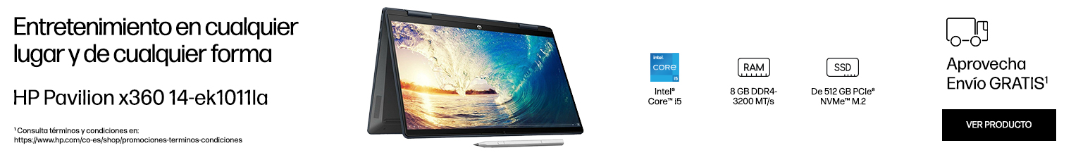 Entretenimiento en cualquier lugar y de cualquier forma. HP Pavilion x360 14-ek1011la. Procesador Intel® Core™i5. RAM 8 GB DDR4-3200 MT/s. SSD De De 512 GB PCIe® NVMe™ M.2. Gráficos Gráficos Intel®Iris® Xe. Pantalla FHD 14” . Windows 11. Aprovecha Envío GRATIS*  * Consulta términos y condiciones en: https://www.hp.com/co-es/shop/promociones-terminos-condiciones  Haz click para comprar.