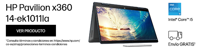 Entretenimiento en cualquier lugar y de cualquier forma. HP Pavilion x360 14-ek1011la. Procesador Intel® Core™i5. RAM 8 GB DDR4-3200 MT/s. SSD De De 512 GB PCIe® NVMe™ M.2. Gráficos Gráficos Intel®Iris® Xe. Pantalla FHD 14” . Windows 11. Aprovecha Envío GRATIS*  * Consulta términos y condiciones en: https://www.hp.com/co-es/shop/promociones-terminos-condiciones  Haz click para comprar.