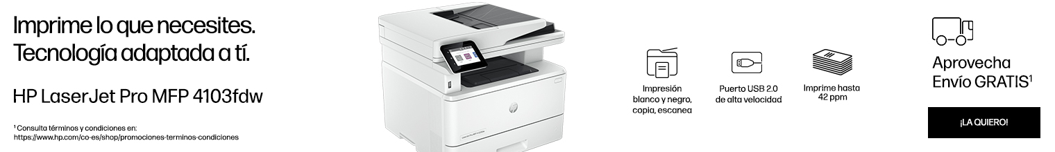 Imprime lo que necesites. Tecnología adaptada a tí. Impresora HP LaserJet Pro MFP 4103fdw. Impresión blanco y negro, copia, escanea. Puerto USB 2.0 de alta velocidad. Imprime hasta 42 ppm. Aprovecha Envío Gratis.
Haz click para comprar.