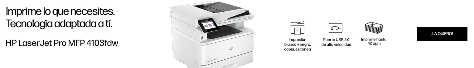 Imprime lo que necesites. Tecnología adaptada a tí. Impresora HP LaserJet Pro MFP 4103fdw. Impresión blanco y negro, copia, escanea. Puerto USB 2.0 de alta velocidad. Imprime hasta 42 ppm. Haz click para comprar.