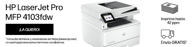 Imprime lo que necesites. Tecnología adaptada a tí. Impresora HP LaserJet Pro MFP 4103fdw. Impresión blanco y negro, copia, escanea. Puerto USB 2.0 de alta velocidad. Imprime hasta 42 ppm. Aprovecha Envío Gratis.
Haz click para comprar.