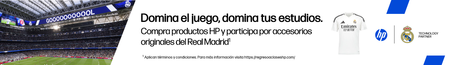 Domina el juego, domina tus estudios. Compra productos HP y participa por accesorios originales del Real Madrid*  Descripción de imagen: Playera oficial del Real Madrid e Imagen del estadio Santiago Bernabéu en un partido festejando un gol del Real Madrid. * Aplican términos y condiciones. Para más información visita: https://regresoaclaseshp.com/