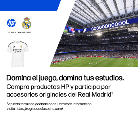 Domina el juego, domina tus estudios. Compra productos HP y participa por accesorios originales del Real Madrid*  Descripción de imagen: Playera oficial del Real Madrid e Imagen del estadio Santiago Bernabéu en un partido festejando un gol del Real Madrid. * Aplican términos y condiciones. Para más información visita: https://regresoaclaseshp.com/