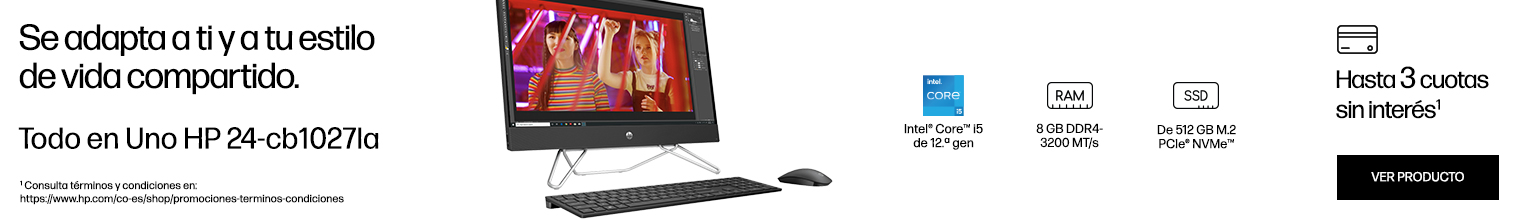 Se adapta a ti y a tu estilo de vida compartido. Todo en Uno HP 24-cb1027la. Procesador Intel® Core™i5 de 12a gen., RAM 8 GB DDR4-3200 MT/s, SSD De 512 GB M.2PCIe® NVMe™.  Hasta 3 cuotas sin interés*  * Consulta términos y condiciones en: https://www.hp.com/co-es/shop/promociones-terminos-condiciones  Haz click para comprar.