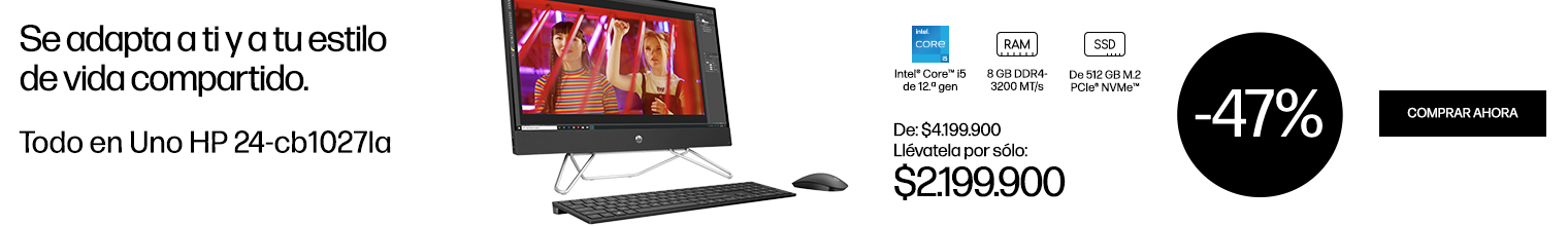 Se adapta a ti y a tu estilo de vida compartido. Todo en Uno HP 24-cb1027la. Procesador Intel® Core™i5 de 12a gen., RAM 8 GB DDR4-3200 MT/s, SSD De 512 GB M.2PCIe® NVMe™.  De: $4.199.900 Llévatela por sólo: $2.199.900 -47% dcto. Haz click para comprar.