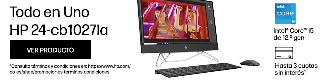 Se adapta a ti y a tu estilo de vida compartido. Todo en Uno HP 24-cb1027la. Procesador Intel® Core™i5 de 12a gen., RAM 8 GB DDR4-3200 MT/s, SSD De 512 GB M.2PCIe® NVMe™.  Hasta 3 cuotas sin interés*  * Consulta términos y condiciones en: https://www.hp.com/co-es/shop/promociones-terminos-condiciones  Haz click para comprar.