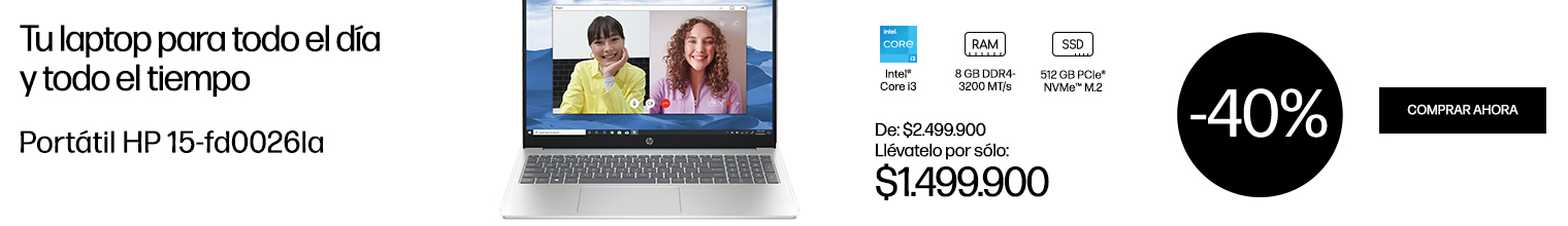 Tu laptop para todo el díay todo el tiempo. Portátil HP 15-fd0026la. Procesador Intel®Core i3. RAM 8 GB DDR4-3200 MT/s. SSD De 512 GB PCIe® NVMe™ M.2 De: $2.499.900 Llévatelo por sólo: $1.499.900 -40% dcto. Haz click para comprar.