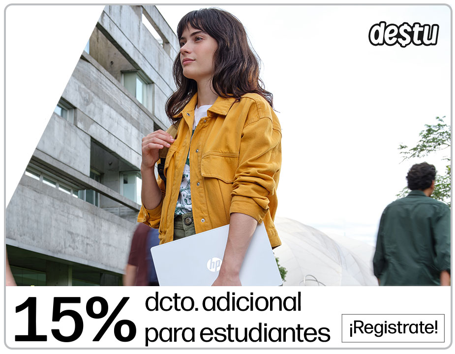Logo destu. Una chica entrando al colegio con una laptop HP en brazo. 15% descuento adicional para estudiantes. Haz clic para registrarte.