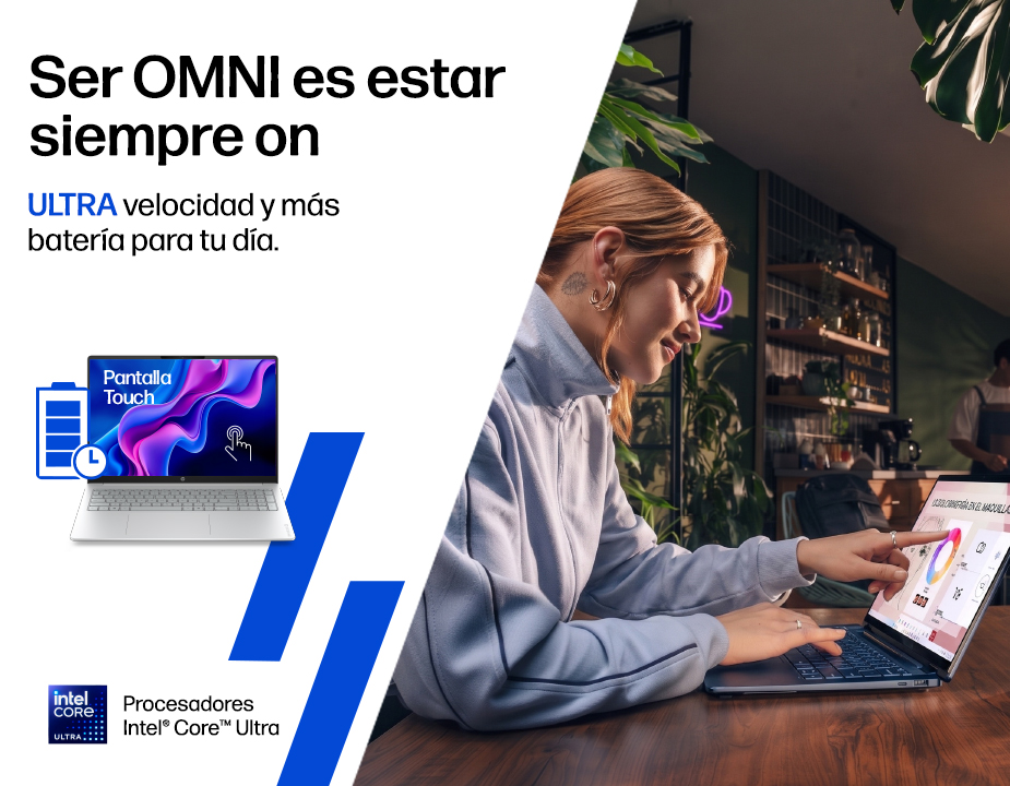 Ser OMNI es estar siempre on. ULTRA velocidad y m&aacute;s
bater&iacute;a para tu d&iacute;a. Procesadores Intel&reg; Core&trade; Ultra. Una chica trabajando en una port&aacute;til HP Onnibook touch screen.